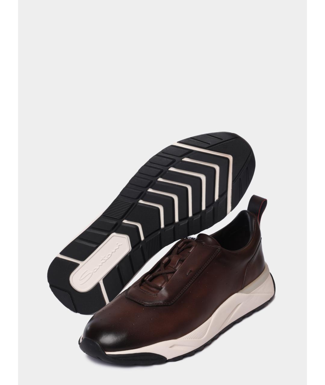 SANTONI Коричневые кожаные низкие кроссовки / кеды, фото 4