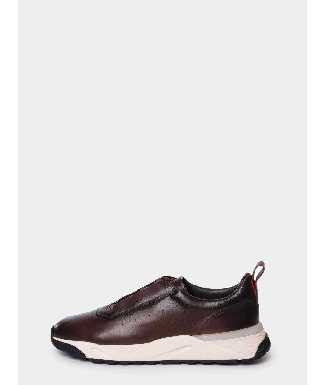 SANTONI Коричневые кожаные низкие кроссовки / кеды, фото 6