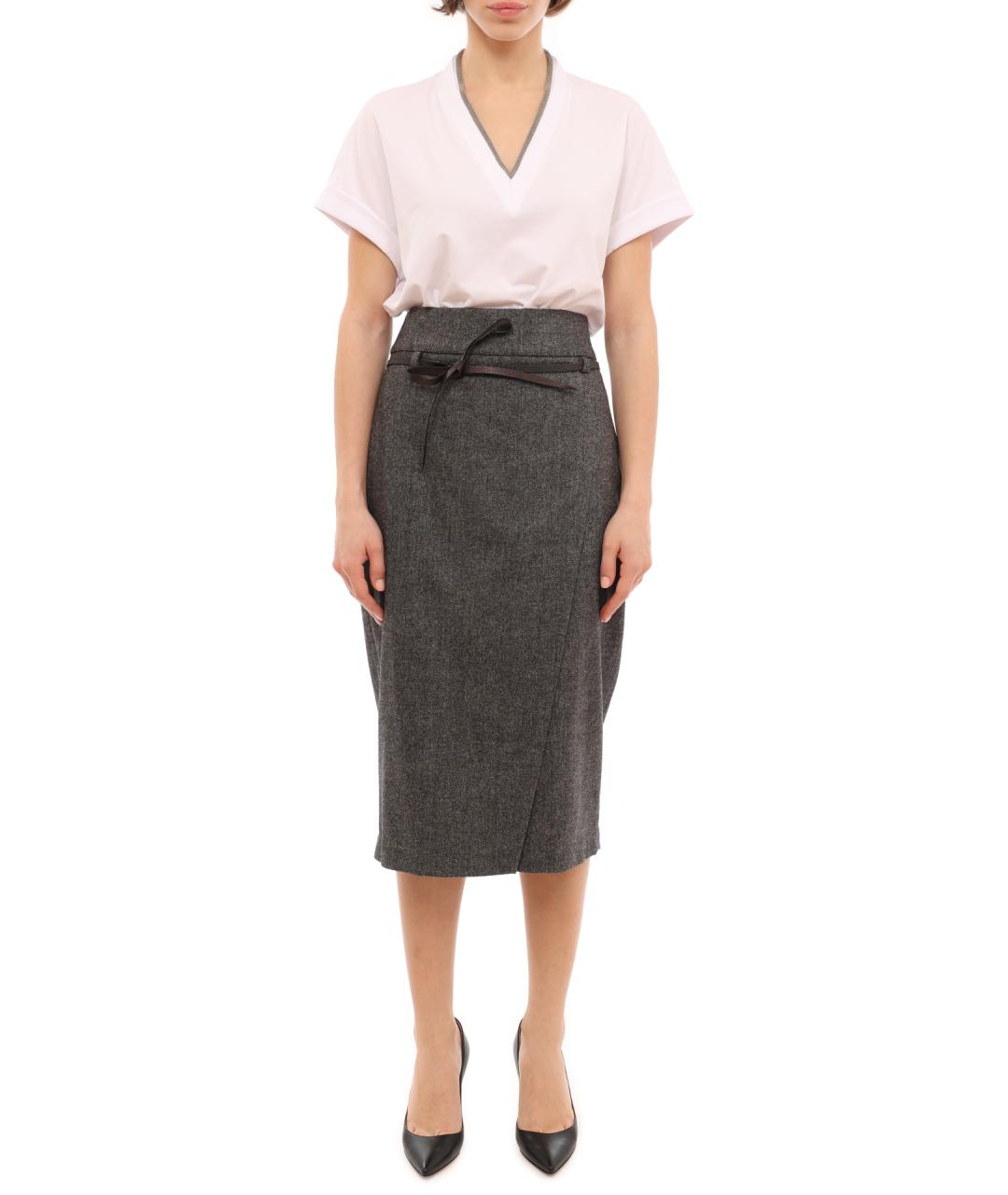 BRUNELLO CUCINELLI Серая шерстяная юбка миди, фото 1