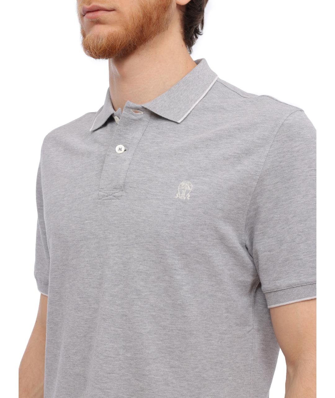 BRUNELLO CUCINELLI Серое хлопковое поло с коротким рукавом, фото 3