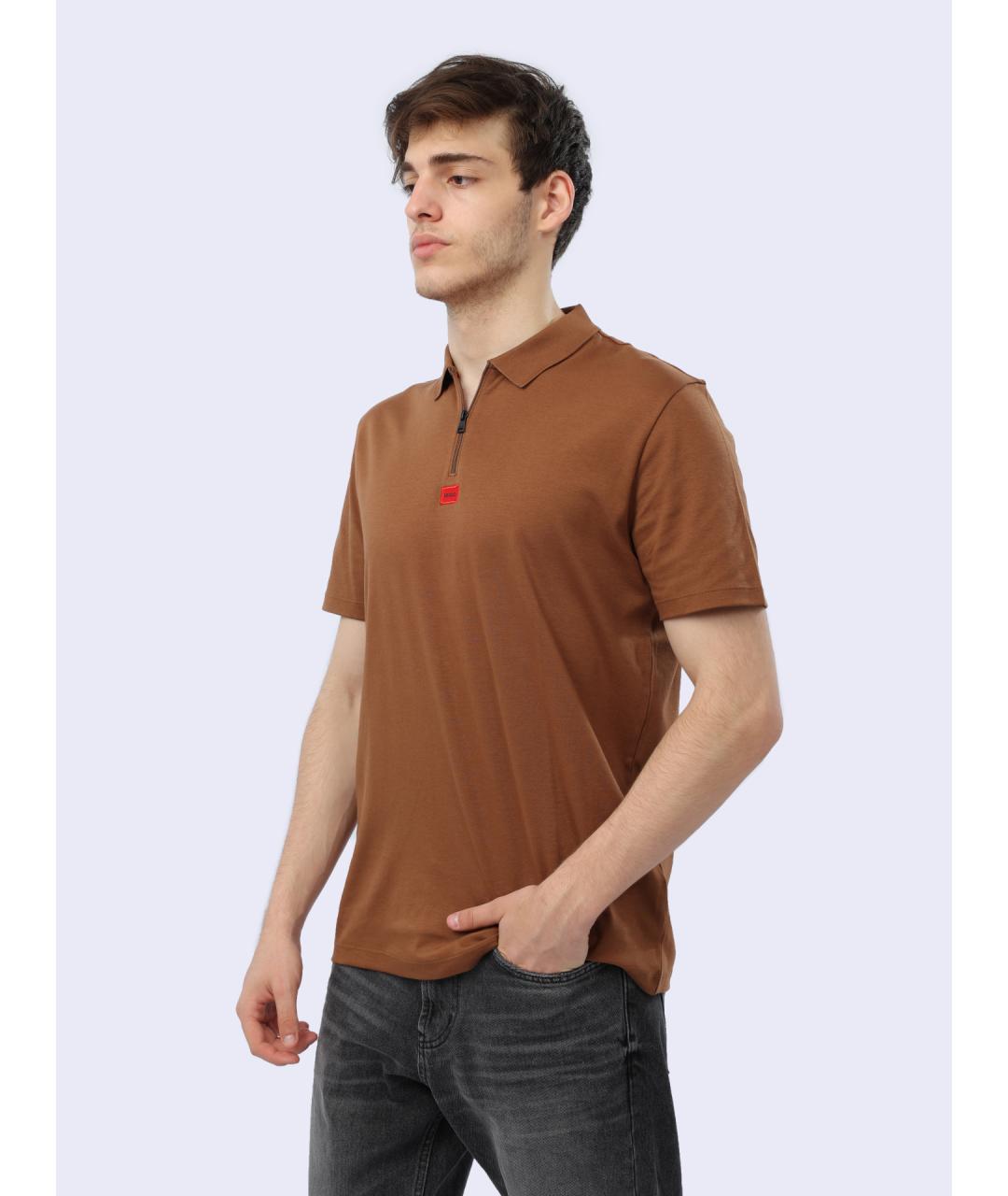 HUGO Коричневое хлопковое поло с коротким рукавом, фото 4