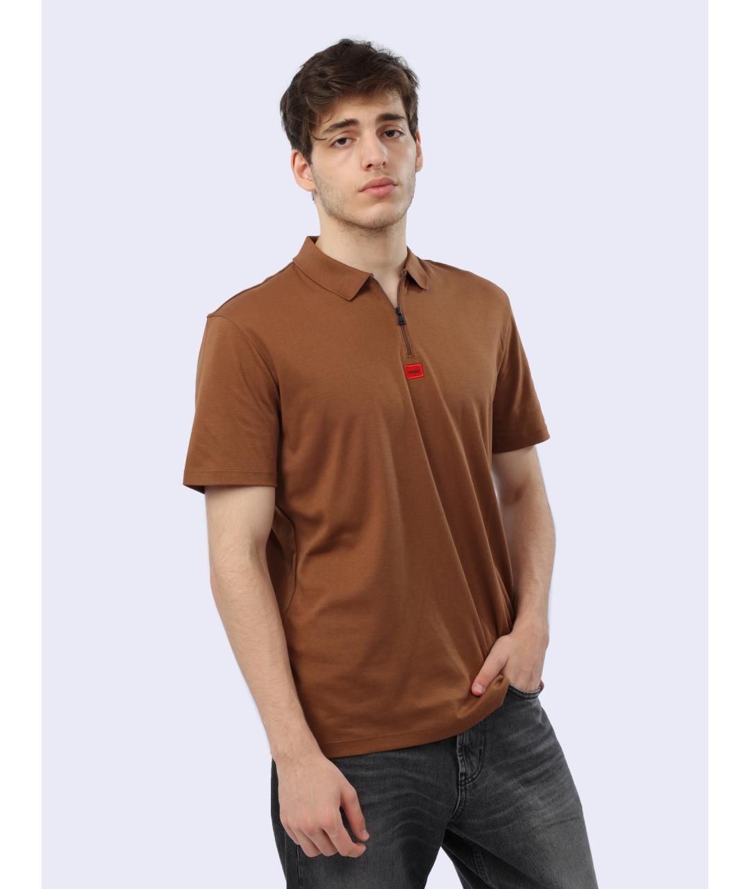 HUGO Коричневое хлопковое поло с коротким рукавом, фото 3