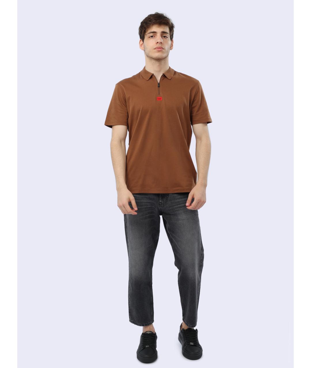 HUGO Коричневое хлопковое поло с коротким рукавом, фото 2