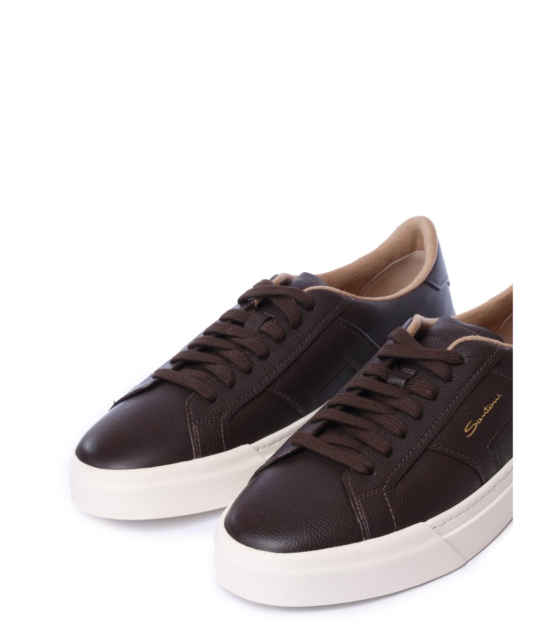 SANTONI Коричневые кожаные низкие кроссовки / кеды, фото 6