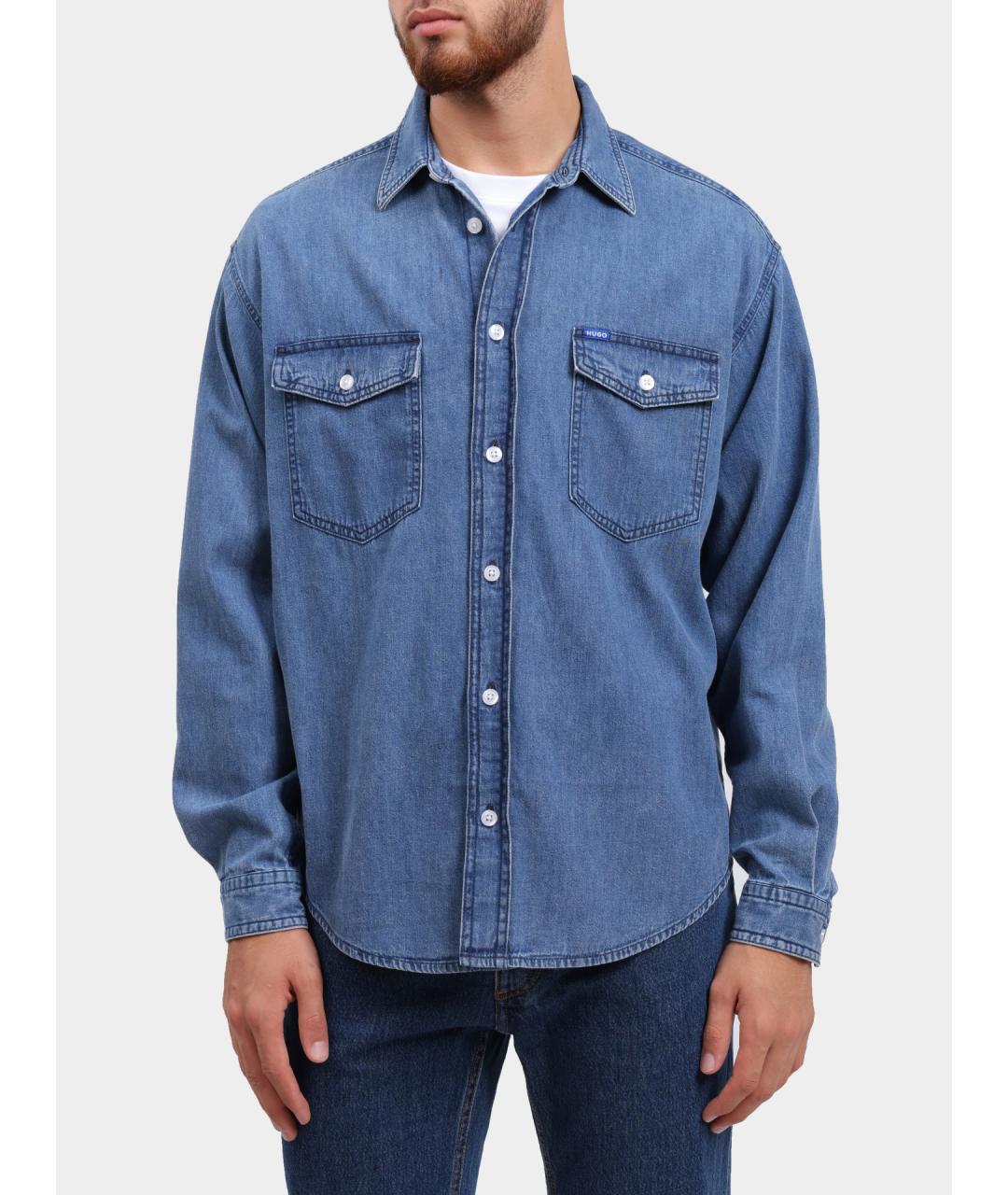 HUGO Синяя хлопковая кэжуал рубашка, фото 2