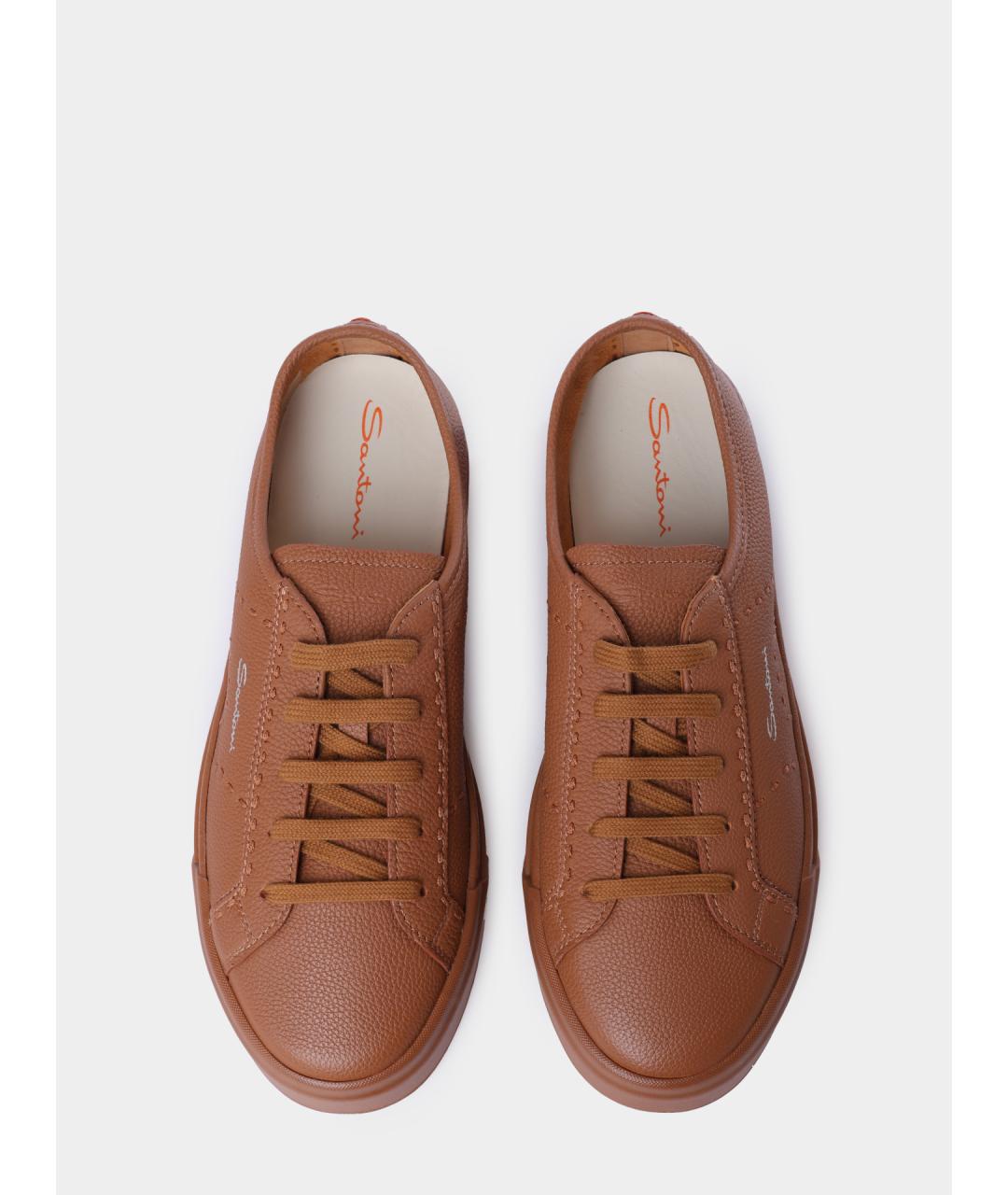 SANTONI Коричневые кожаные низкие кроссовки / кеды, фото 4