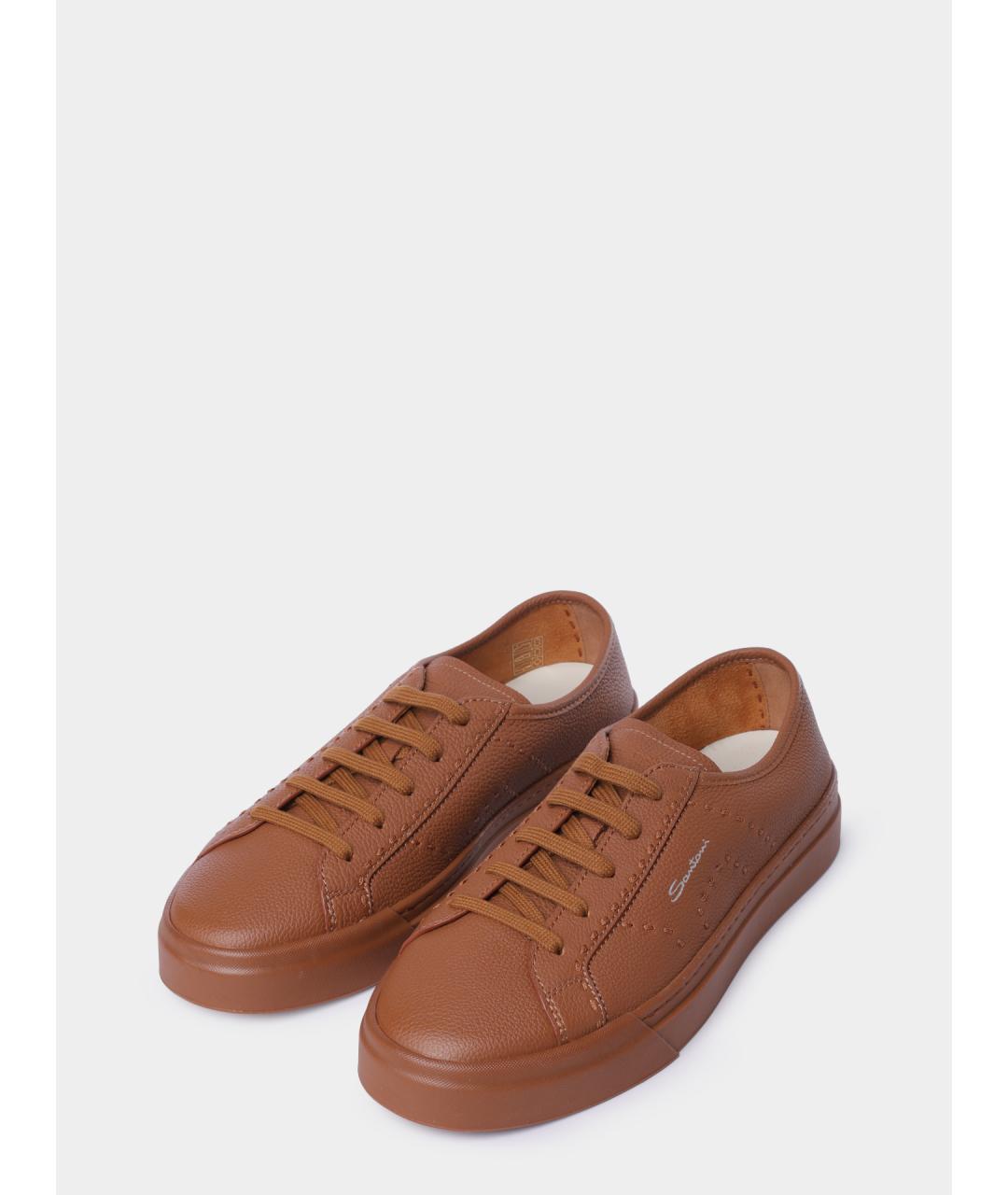 SANTONI Коричневые кожаные низкие кроссовки / кеды, фото 2