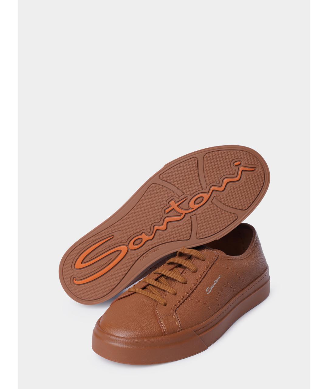 SANTONI Коричневые кожаные низкие кроссовки / кеды, фото 5