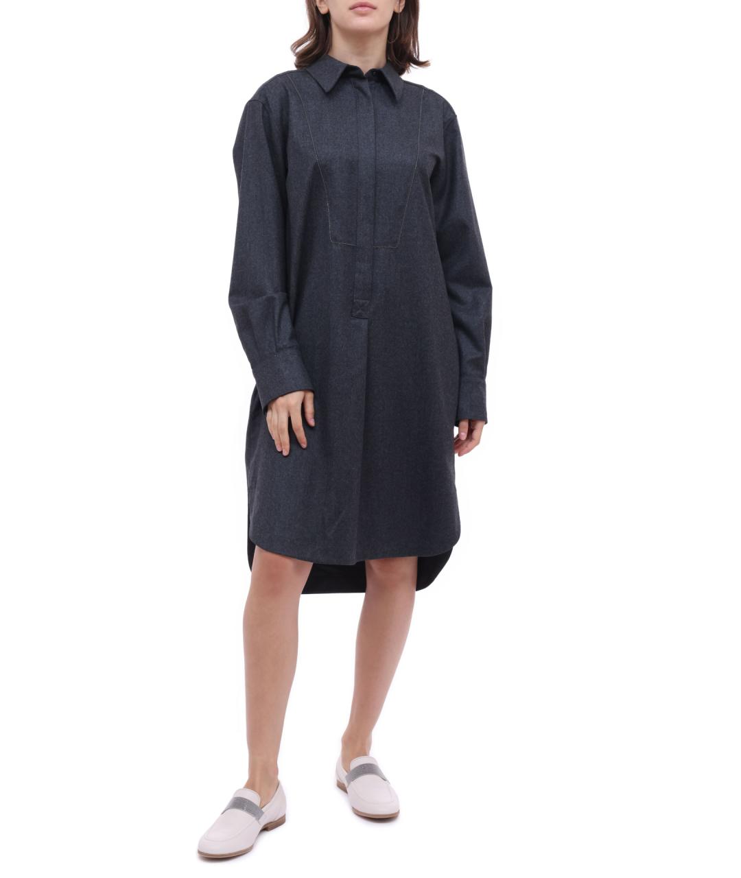 BRUNELLO CUCINELLI Темно-синее шерстяное повседневное платье, фото 2