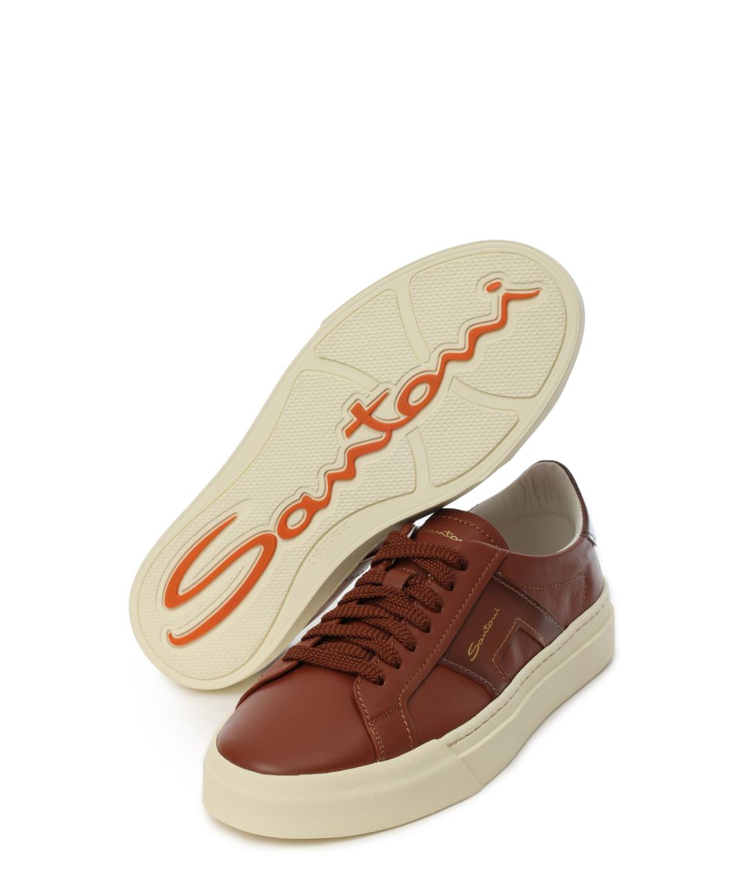 SANTONI Коричневые кожаные низкие кроссовки / кеды, фото 4