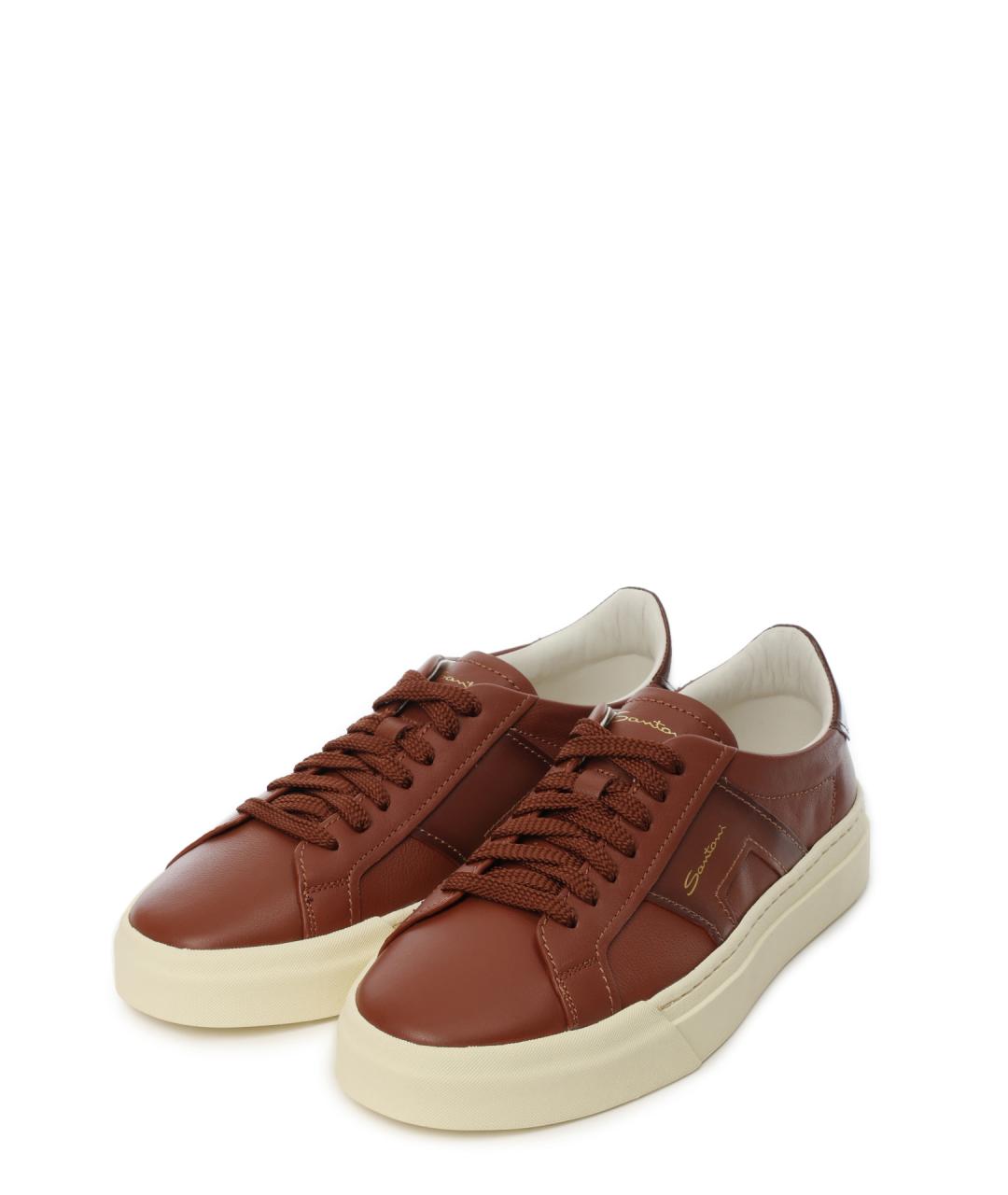 SANTONI Коричневые кожаные низкие кроссовки / кеды, фото 2