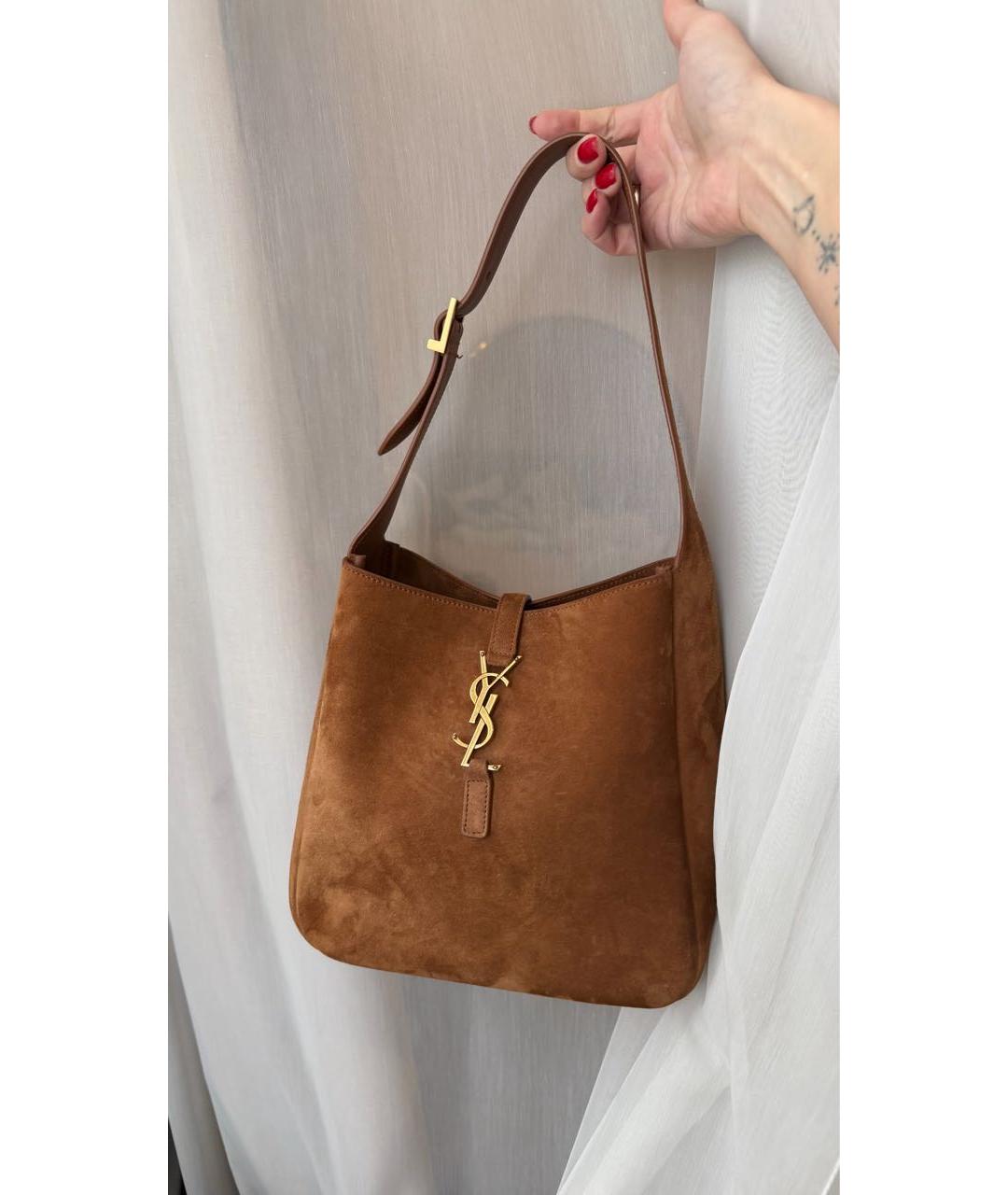 SAINT LAURENT Коричневая замшевая сумка с короткими ручками, фото 2