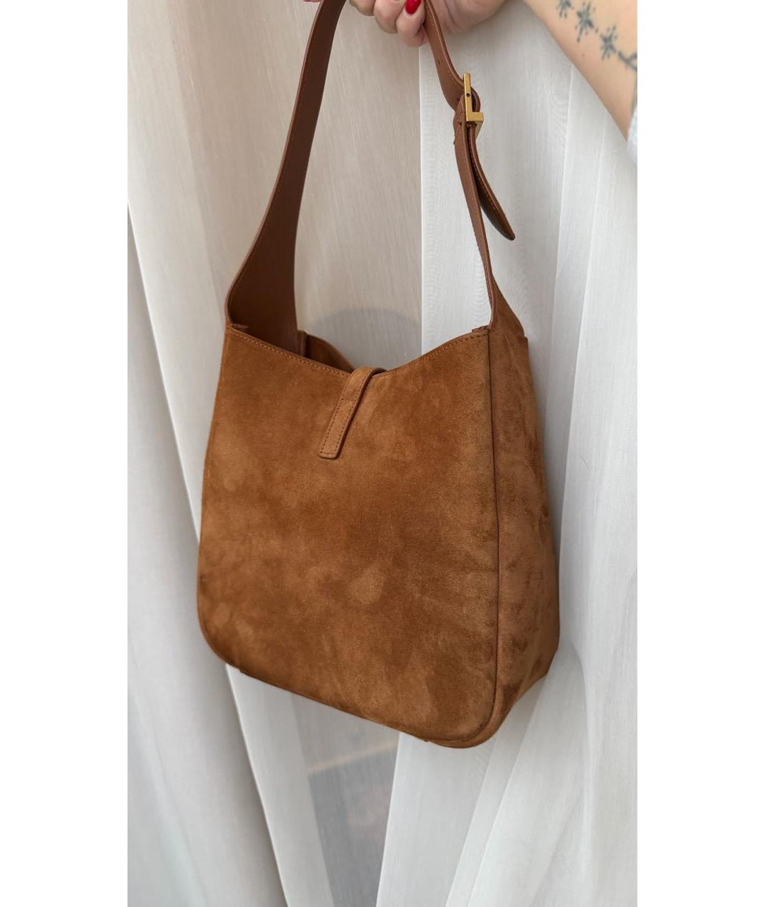 SAINT LAURENT Коричневая замшевая сумка с короткими ручками, фото 5