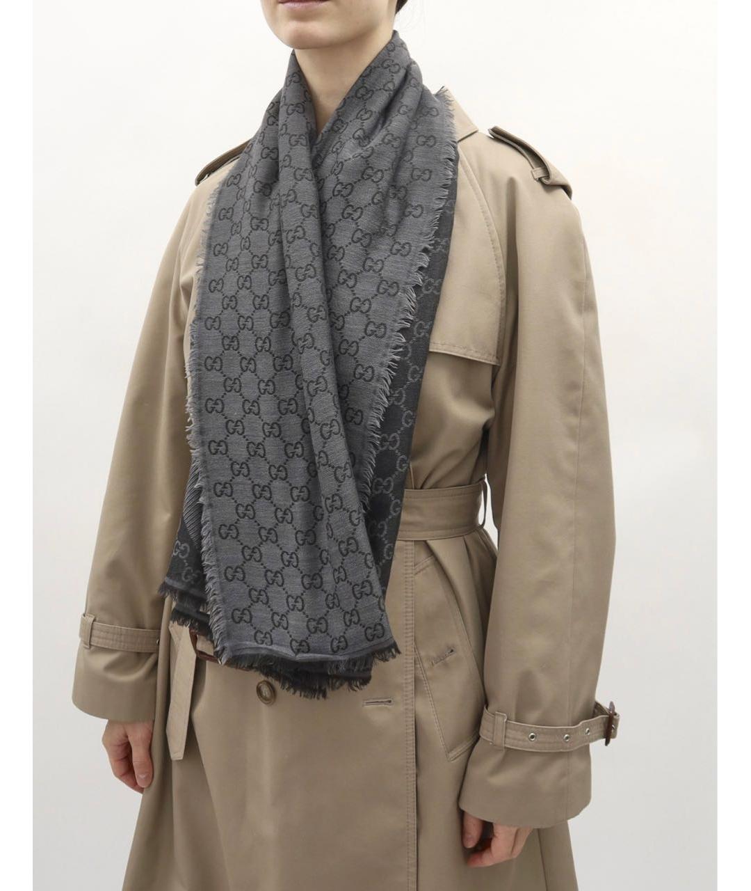 GUCCI Серый шерстяной платок, фото 4