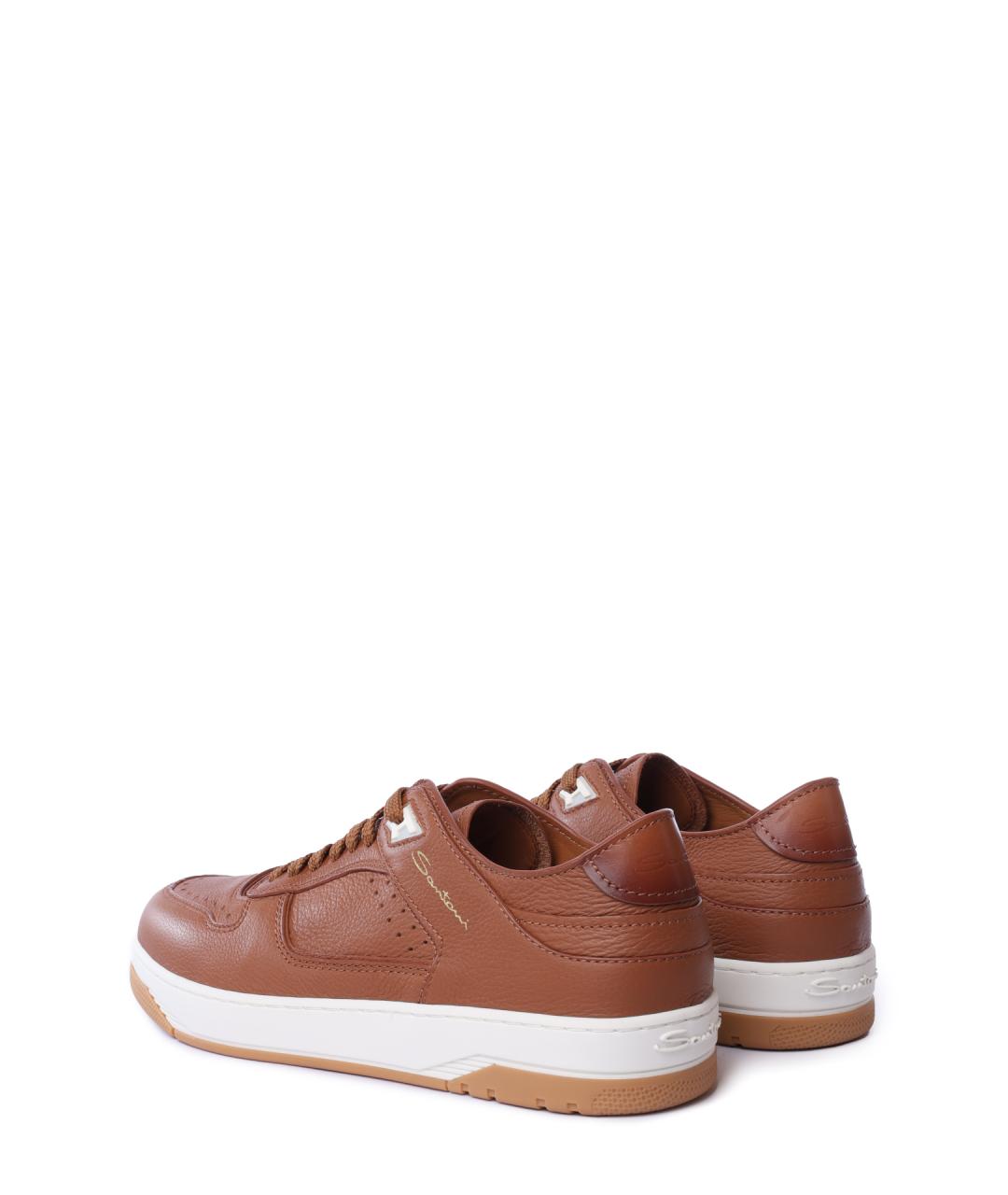 SANTONI Коричневые кожаные низкие кроссовки / кеды, фото 3