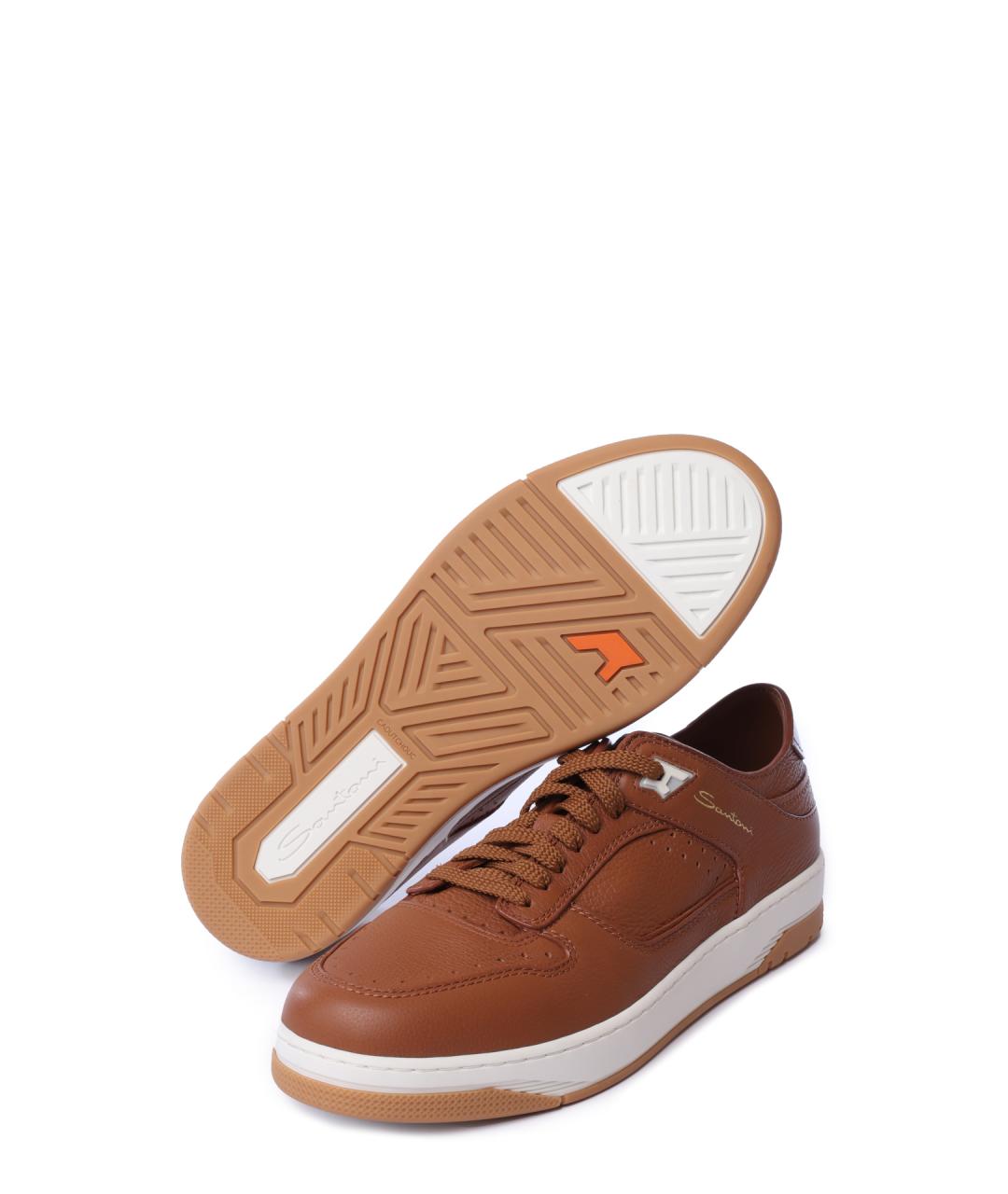 SANTONI Коричневые кожаные низкие кроссовки / кеды, фото 5