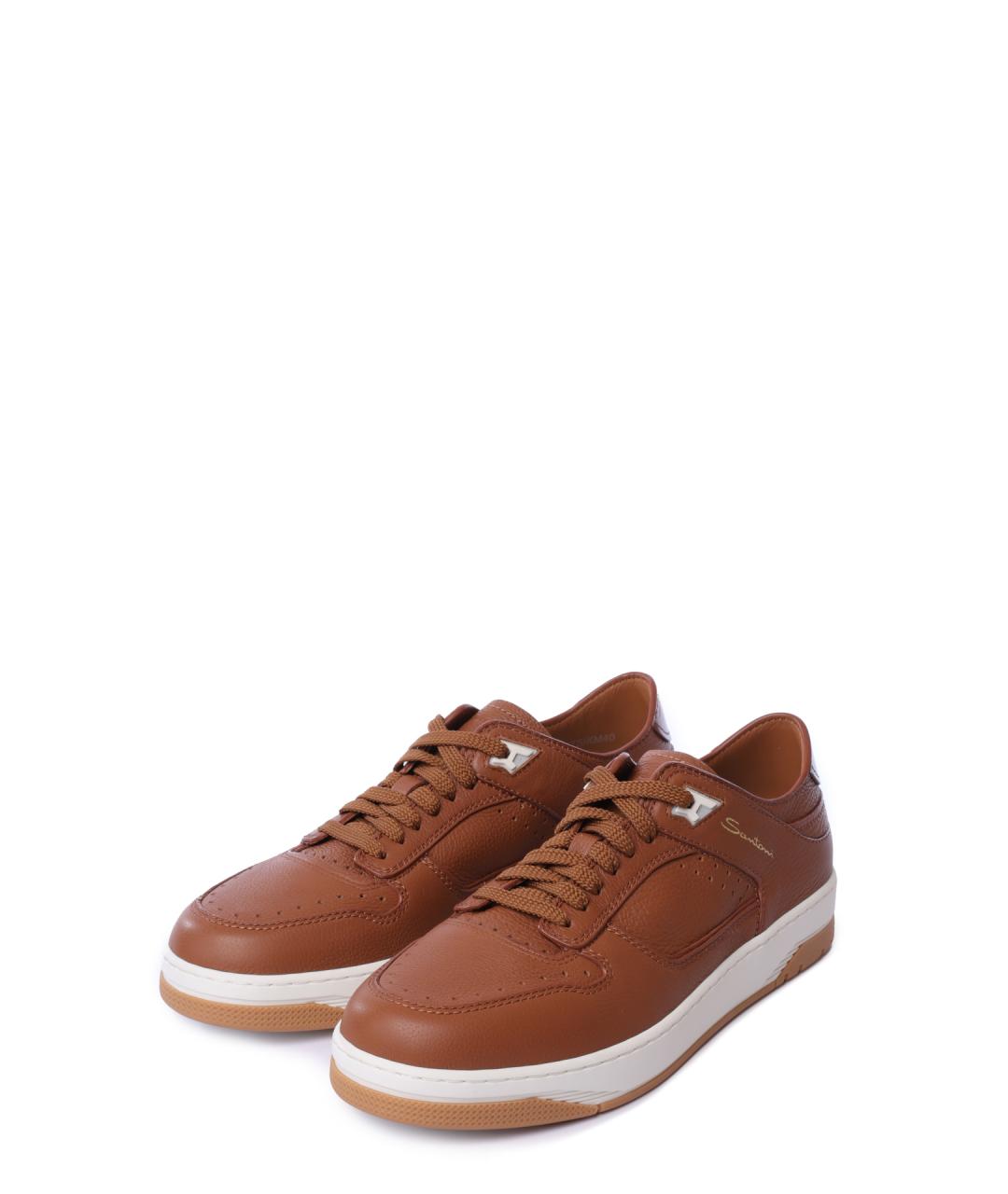 SANTONI Коричневые кожаные низкие кроссовки / кеды, фото 2