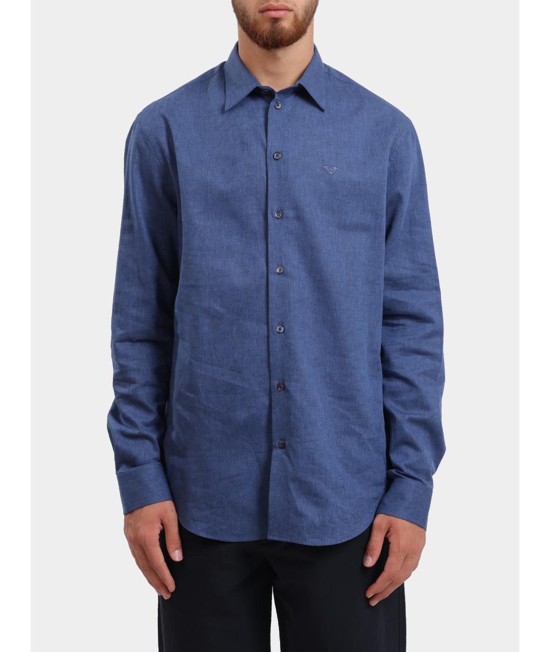 EMPORIO ARMANI Синяя льняная классическая рубашка, фото 5