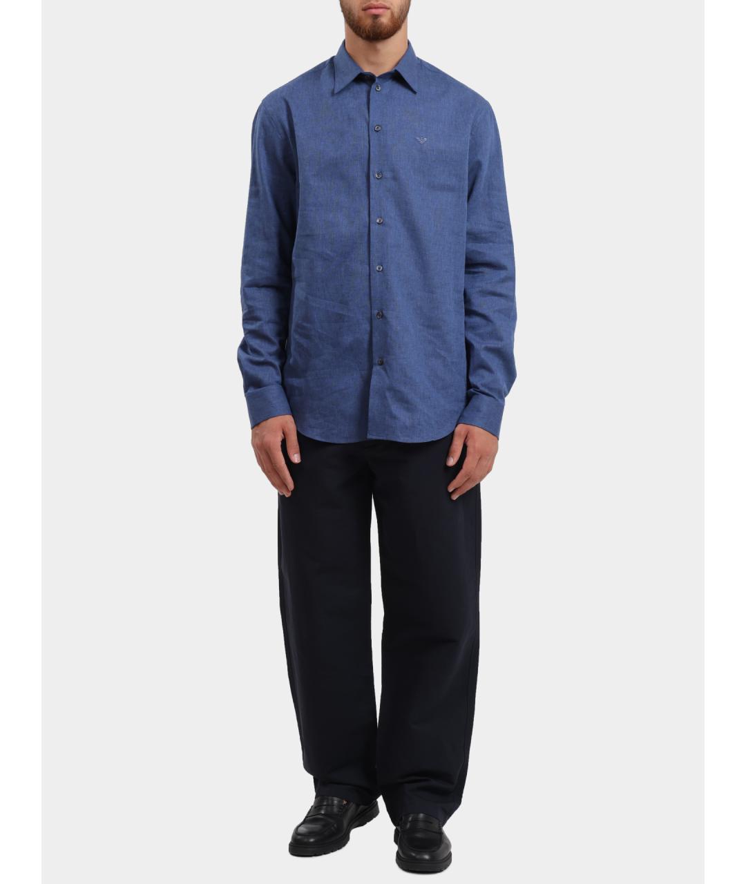 EMPORIO ARMANI Синяя льняная классическая рубашка, фото 2