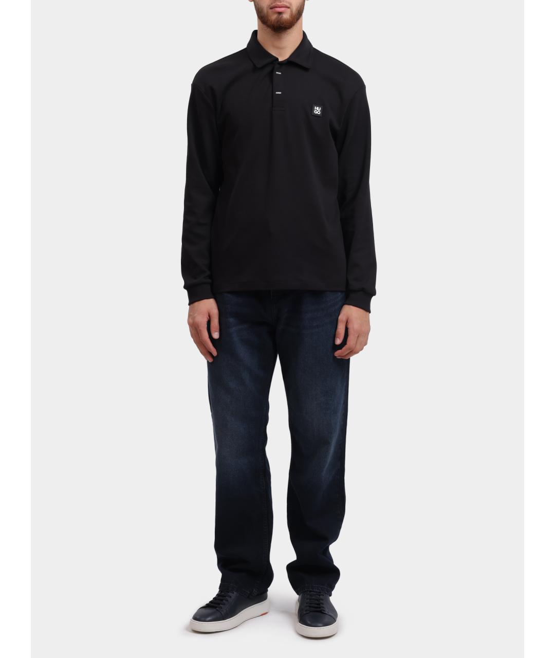 HUGO Черное хлопковое поло с длинным рукавом, фото 3