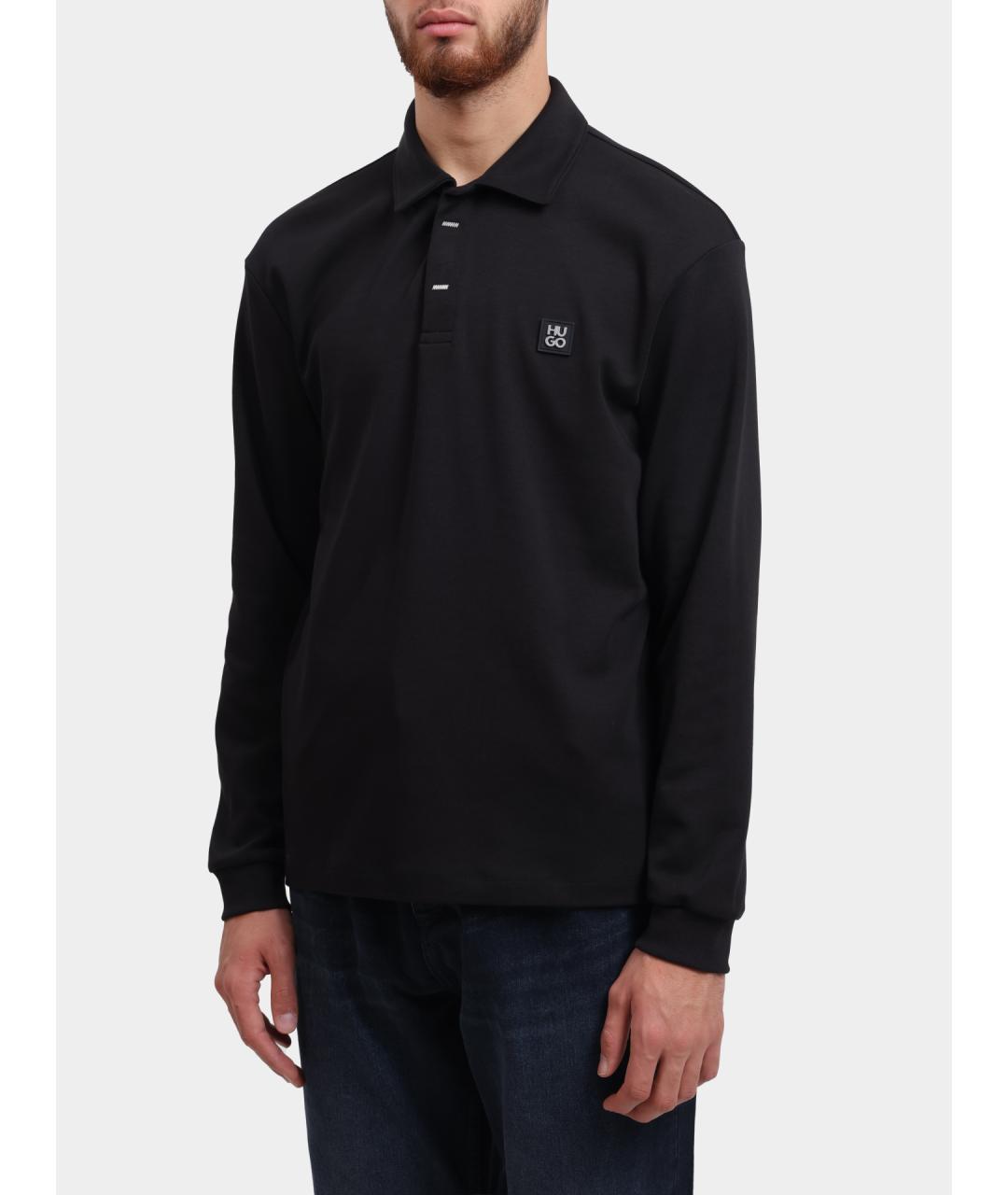 HUGO Черное хлопковое поло с длинным рукавом, фото 4
