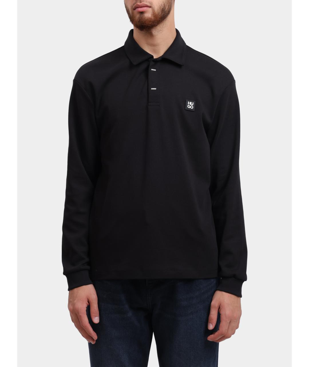 HUGO Черное хлопковое поло с длинным рукавом, фото 2