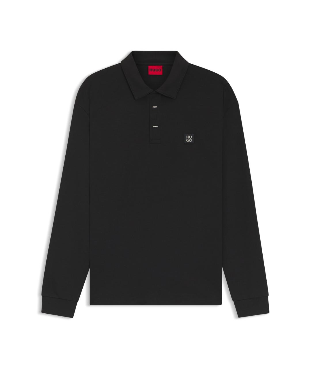 HUGO Черное хлопковое поло с длинным рукавом, фото 1