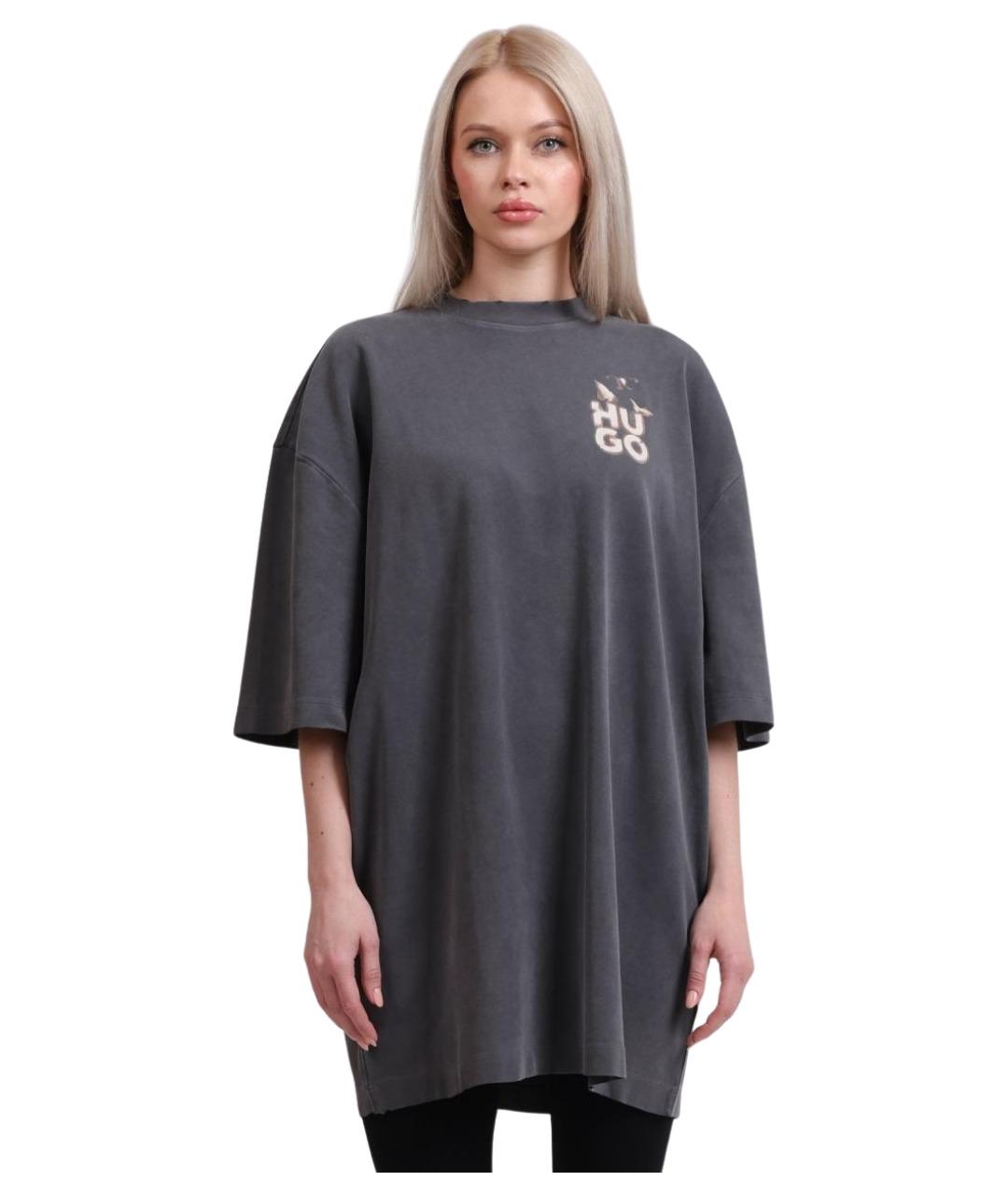 HUGO Серое хлопковое повседневное платье, фото 1