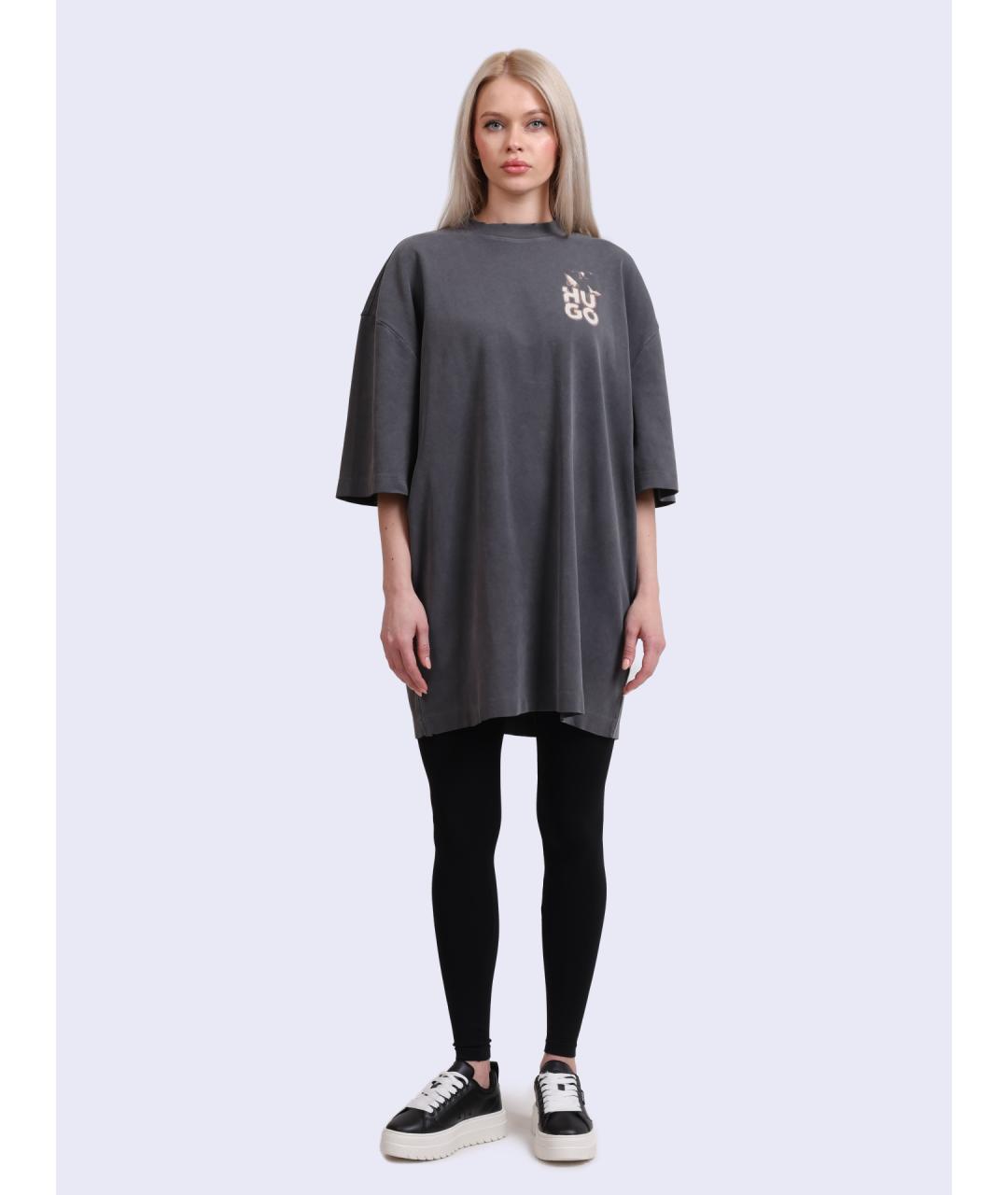 HUGO Серое хлопковое повседневное платье, фото 2