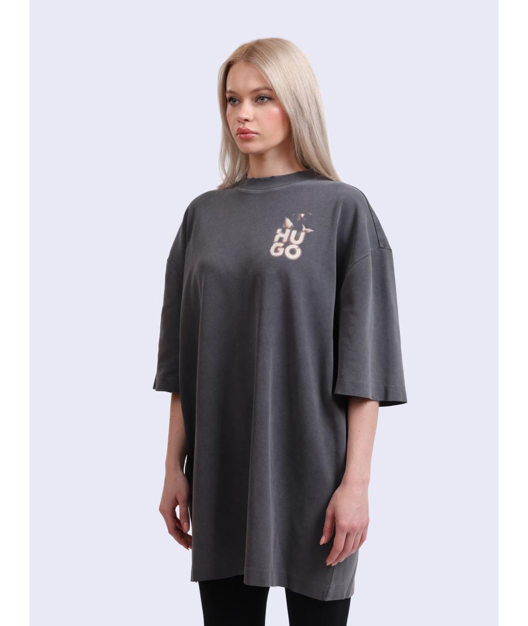 HUGO Серое хлопковое повседневное платье, фото 3