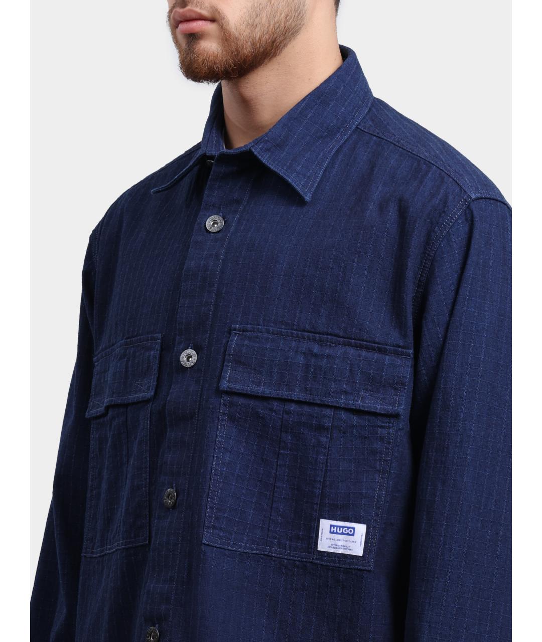HUGO Синяя хлопковая кэжуал рубашка, фото 4