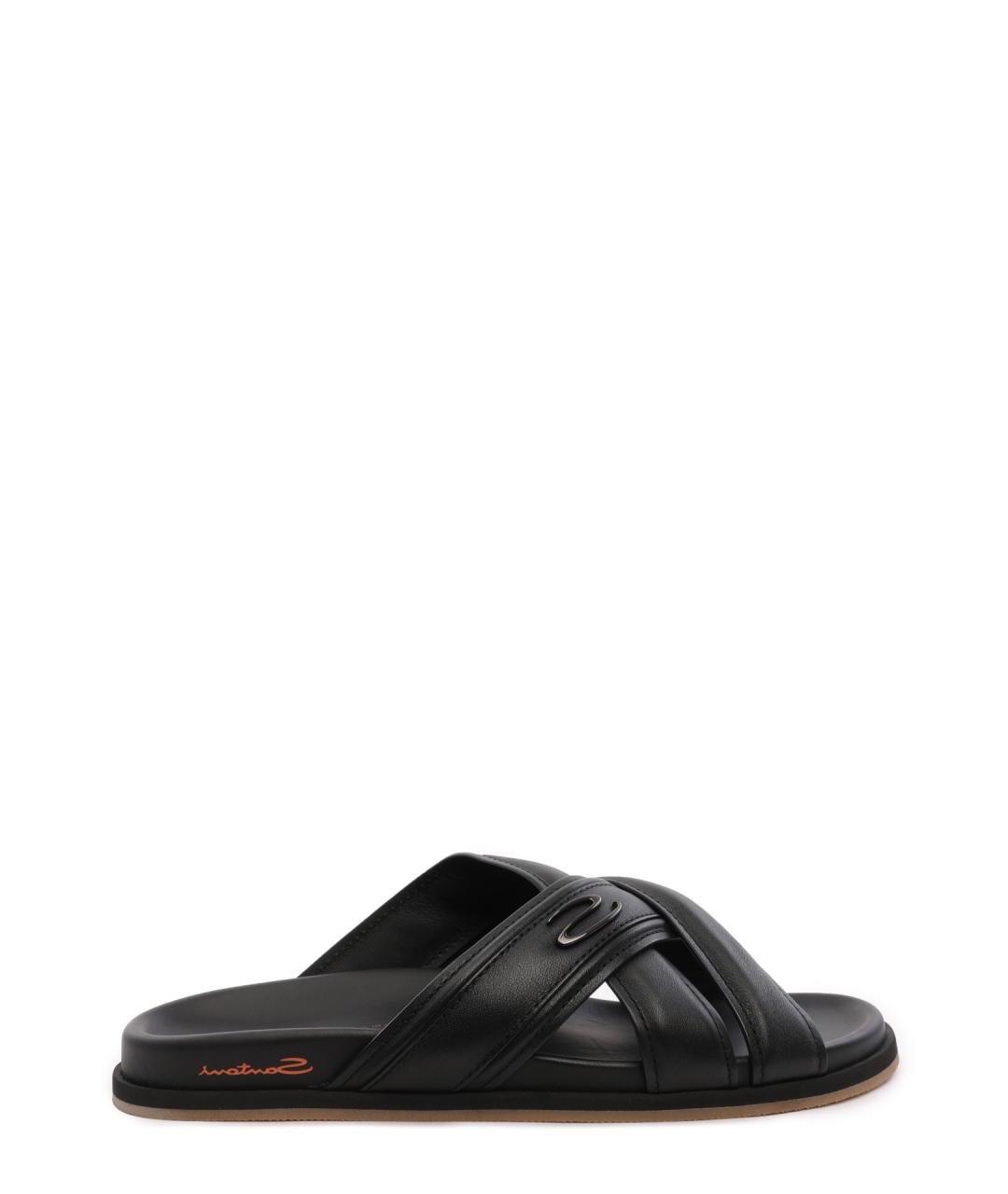 SANTONI Черные кожаные шлепанцы, фото 1