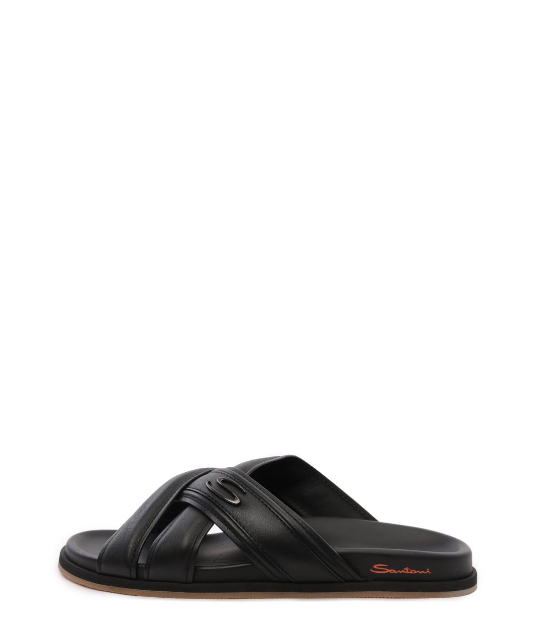 SANTONI Черные кожаные шлепанцы, фото 6