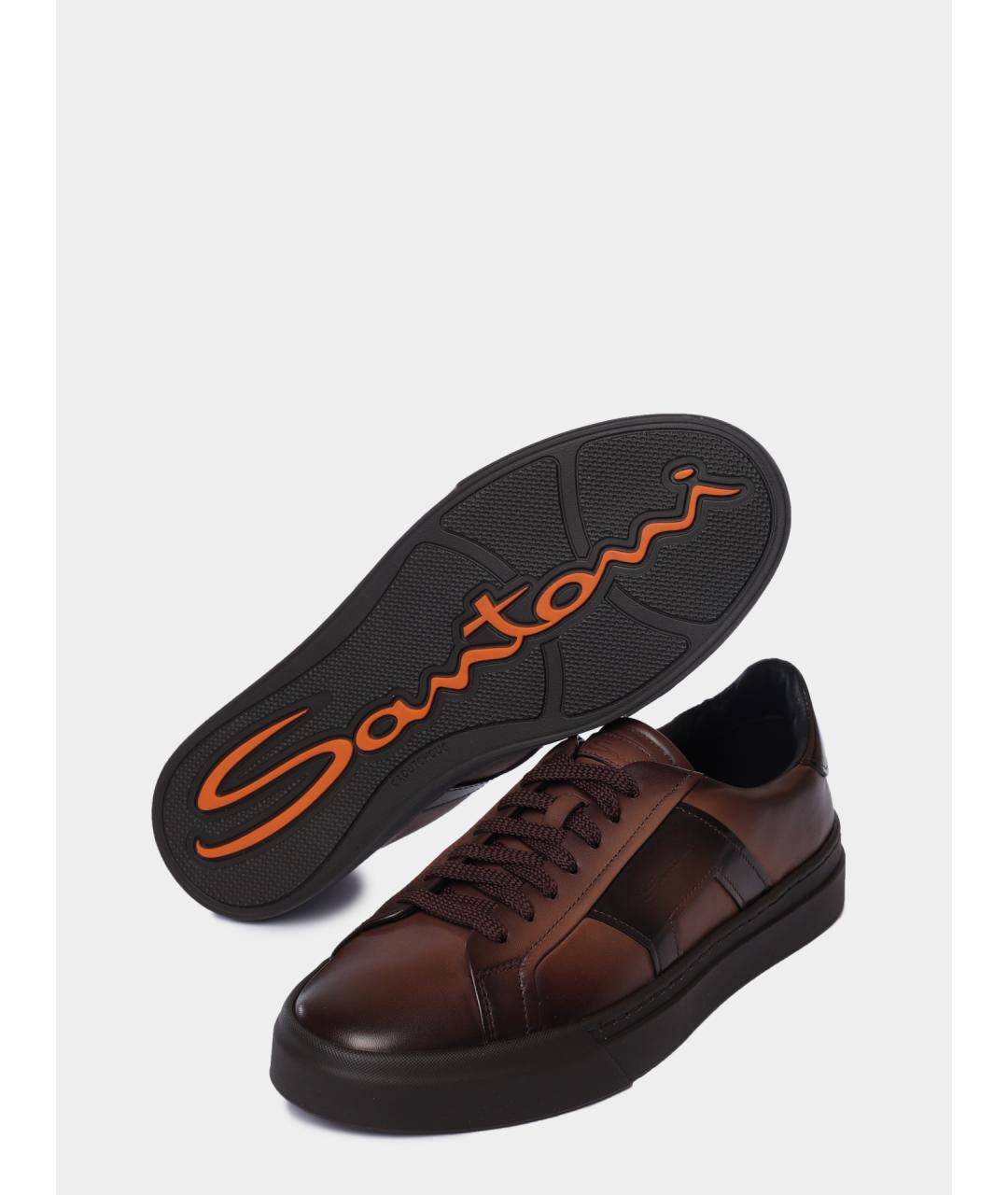 SANTONI Коричневые кожаные низкие кроссовки / кеды, фото 4
