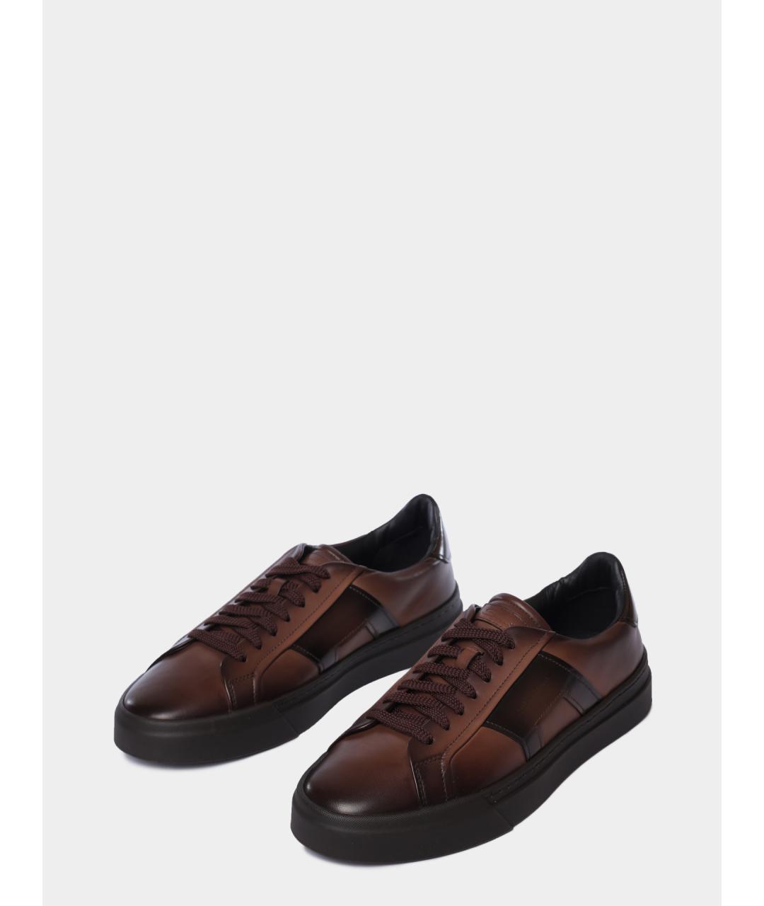 SANTONI Коричневые кожаные низкие кроссовки / кеды, фото 2