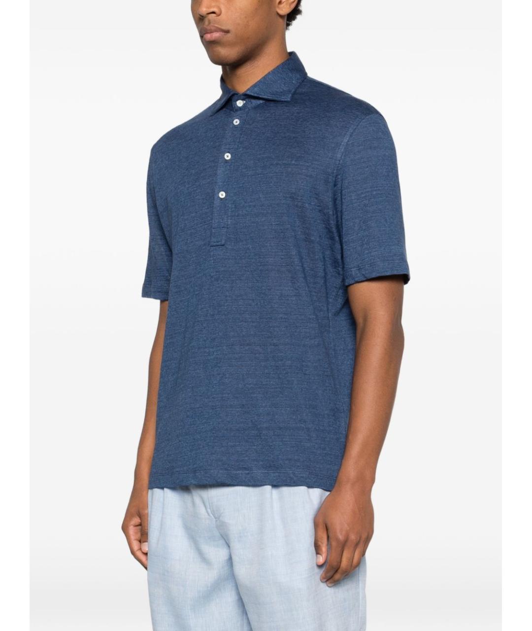 BRUNELLO CUCINELLI Синее хлопко-леновое поло с коротким рукавом, фото 3