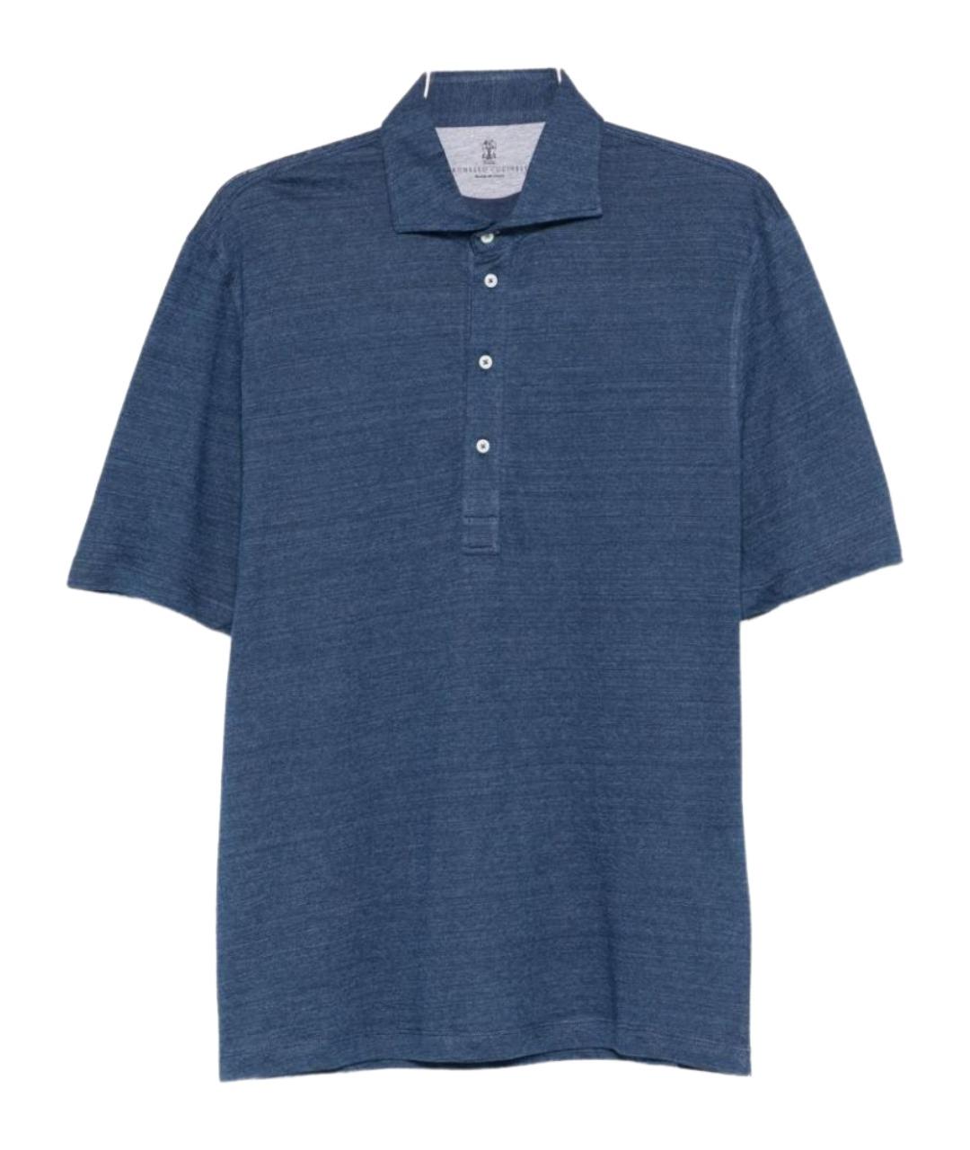 BRUNELLO CUCINELLI Синее хлопко-леновое поло с коротким рукавом, фото 1