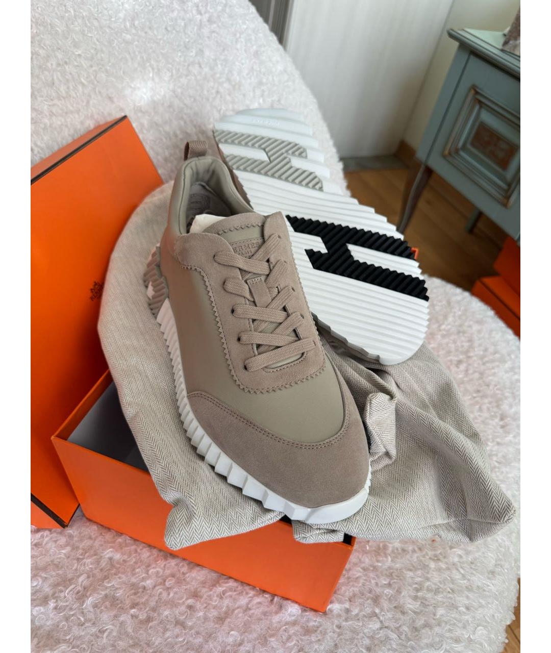 HERMES Бежевые кожаные низкие кроссовки / кеды, фото 2