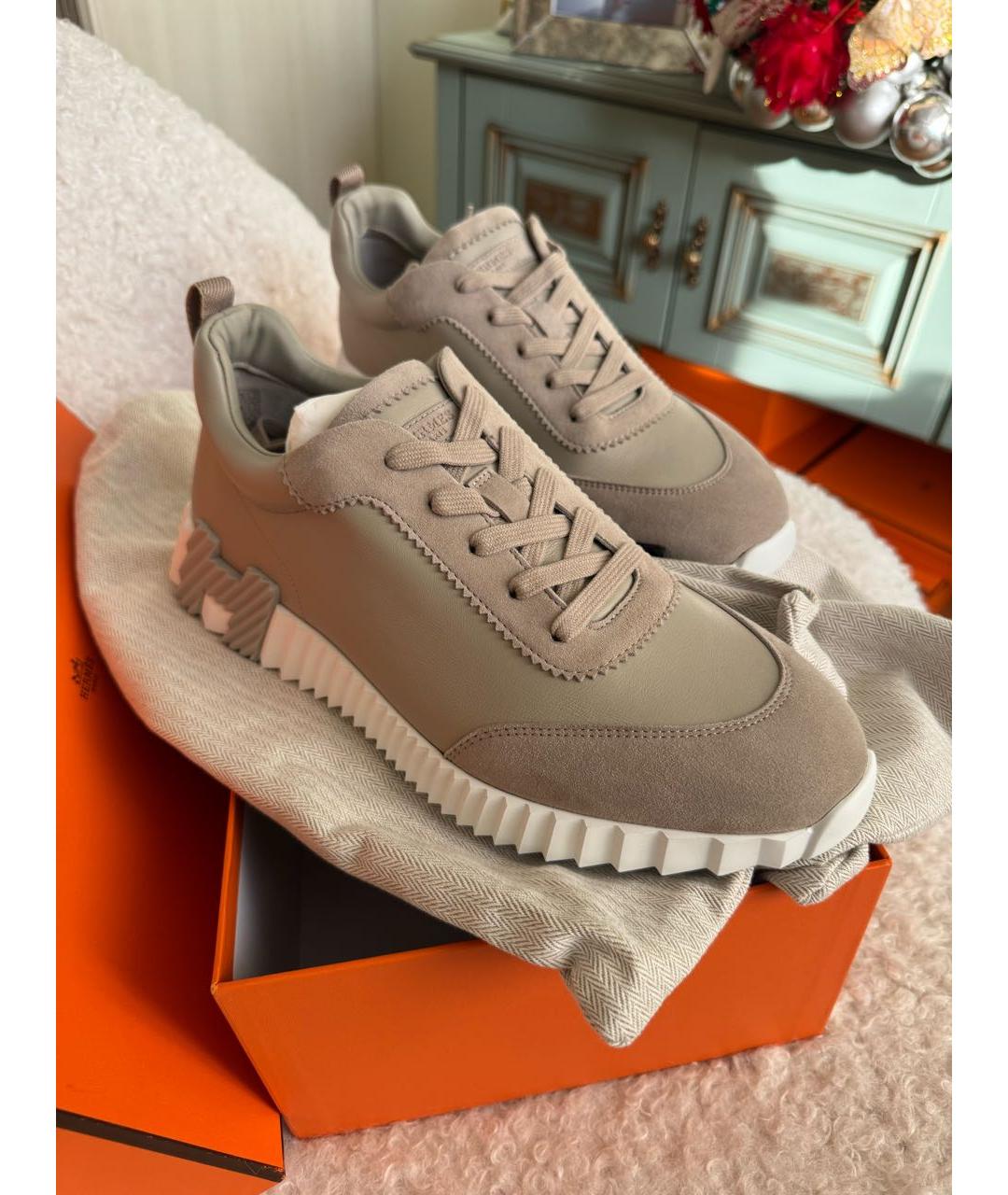 HERMES Бежевые кожаные низкие кроссовки / кеды, фото 5