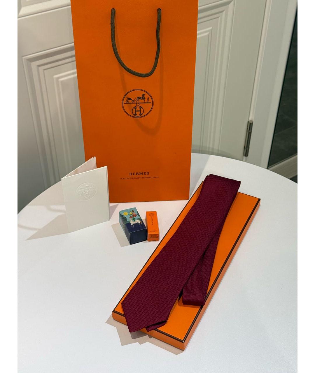 HERMES Бордовый шелковый галстук, фото 5