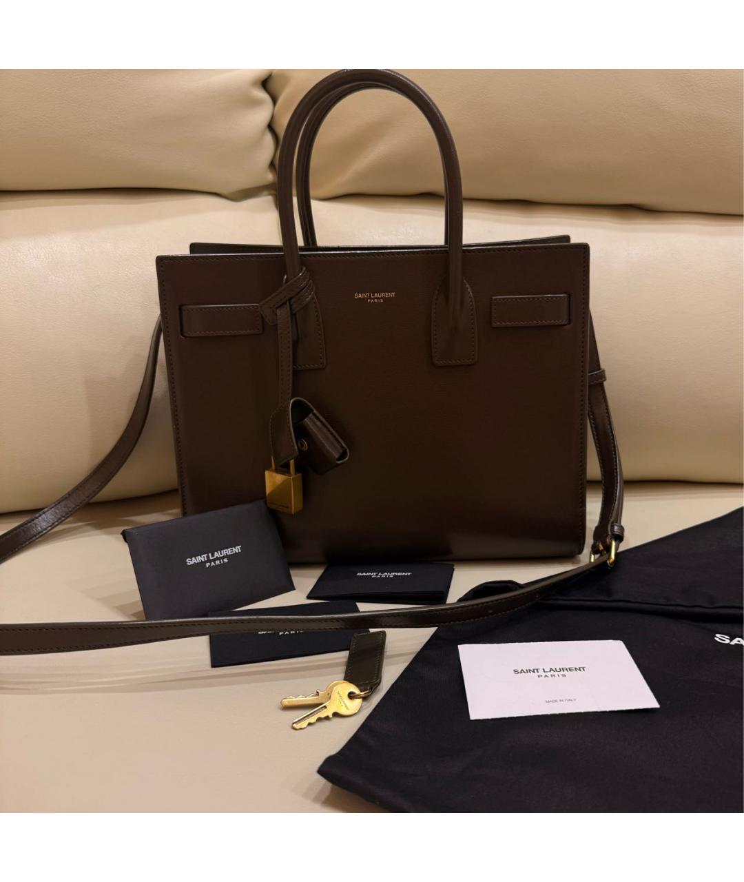 SAINT LAURENT Хаки кожаная сумка с короткими ручками, фото 9