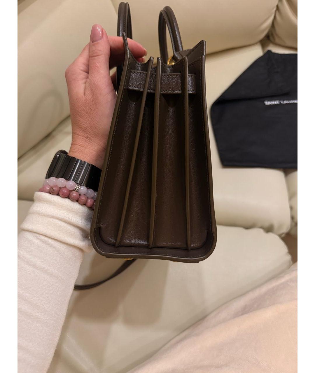 SAINT LAURENT Хаки кожаная сумка с короткими ручками, фото 8