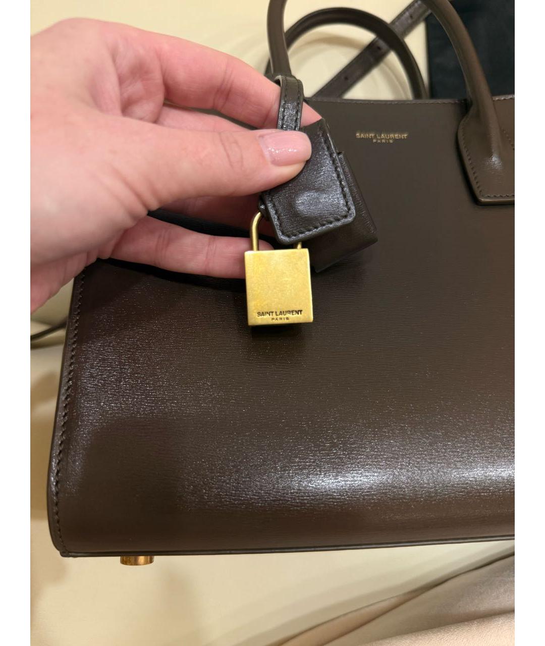 SAINT LAURENT Хаки кожаная сумка с короткими ручками, фото 6