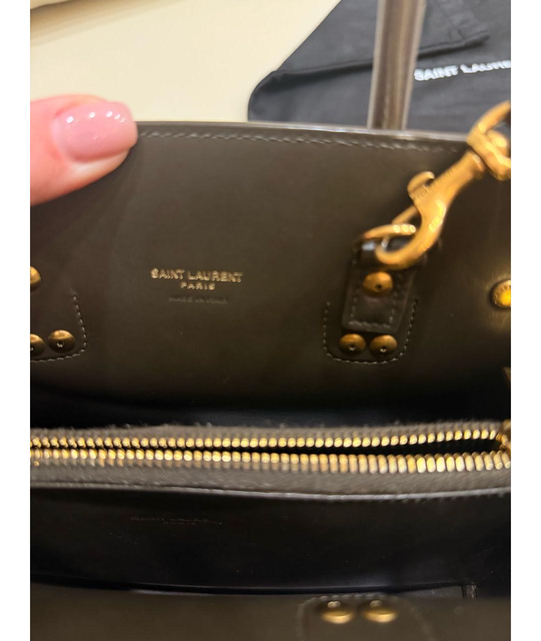 SAINT LAURENT Хаки кожаная сумка с короткими ручками, фото 7
