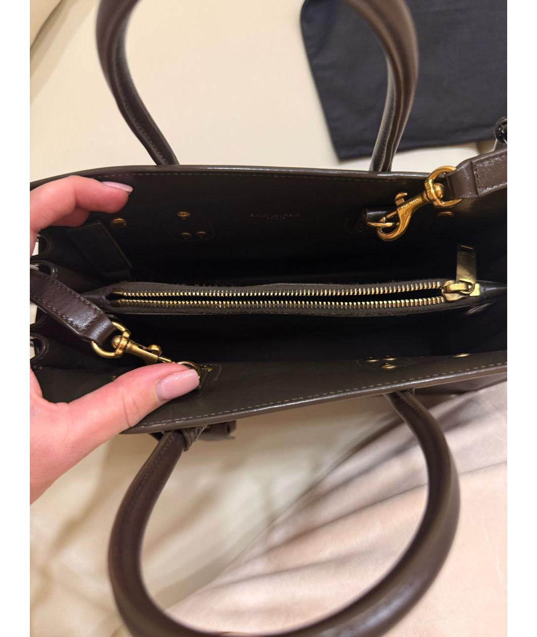 SAINT LAURENT Хаки кожаная сумка с короткими ручками, фото 4