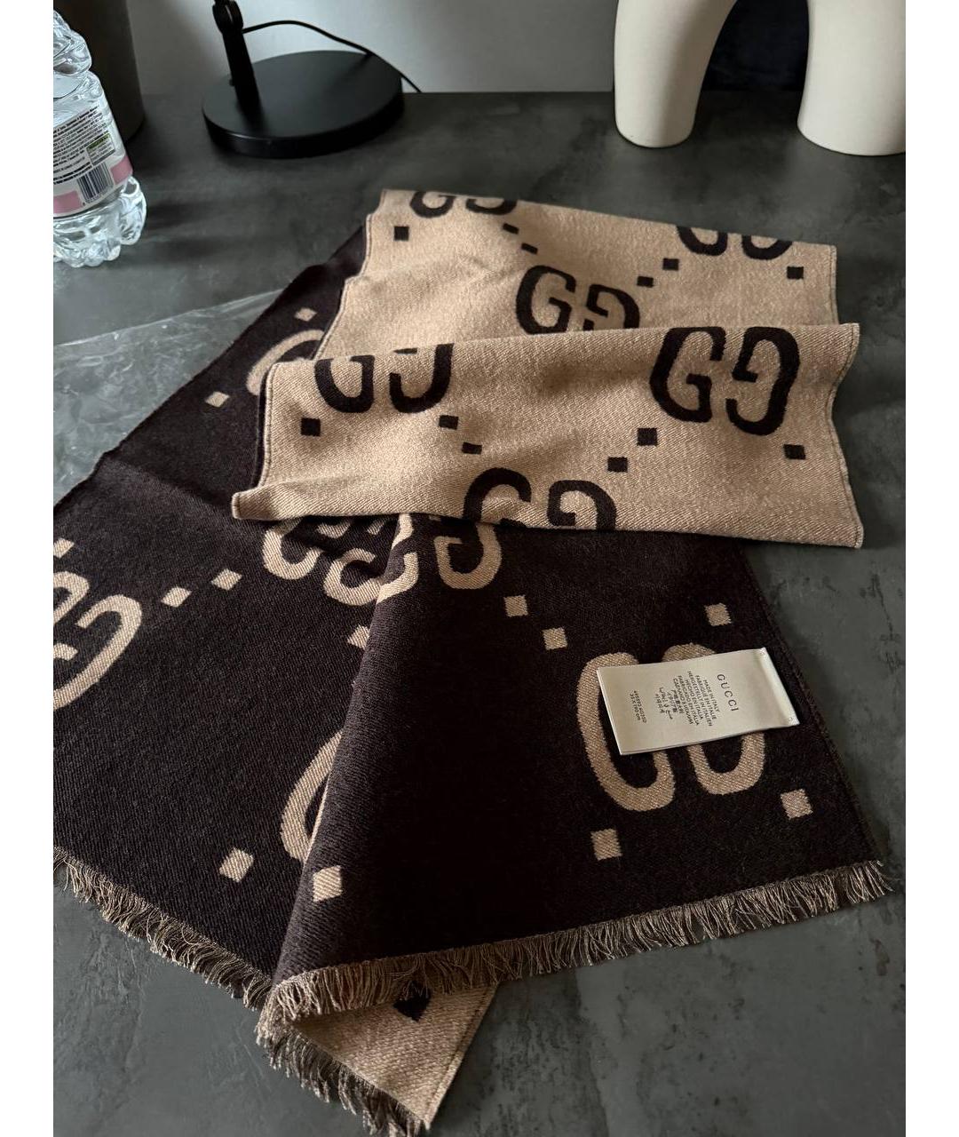 GUCCI Коричневый шерстяной шарф, фото 2