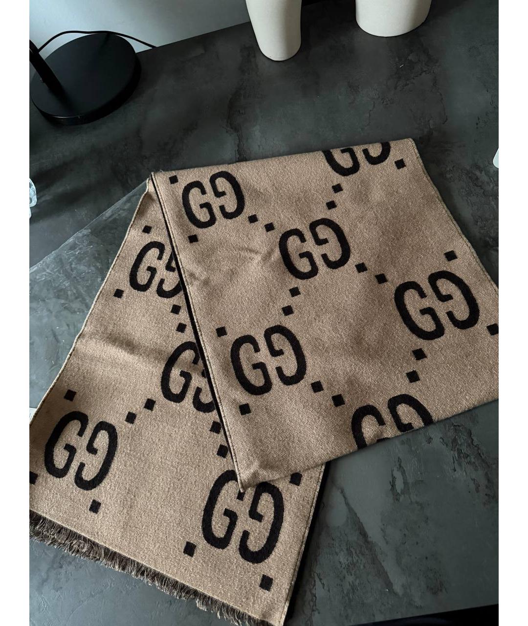 GUCCI Коричневый шерстяной шарф, фото 5