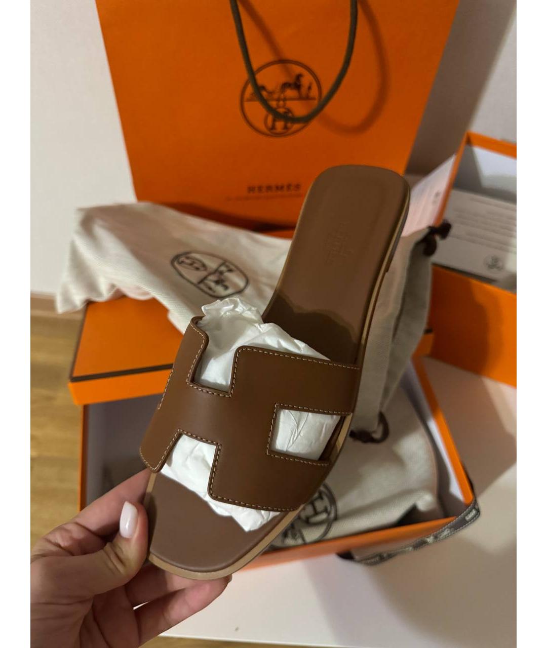 HERMES Коричневые кожаные шлепанцы, фото 2