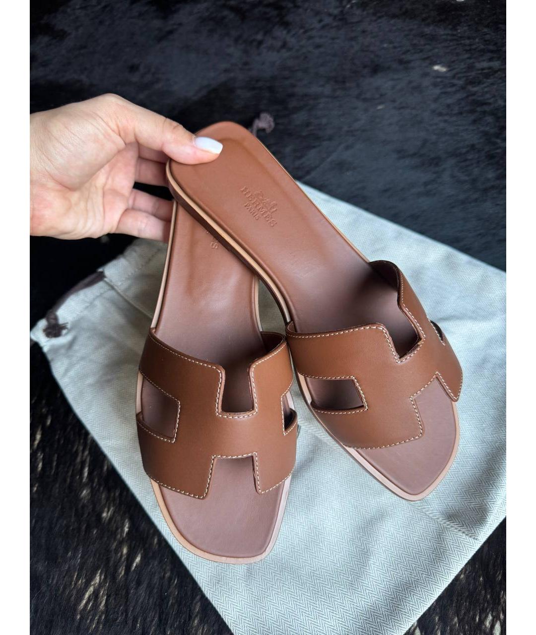 HERMES Коричневые кожаные шлепанцы, фото 3