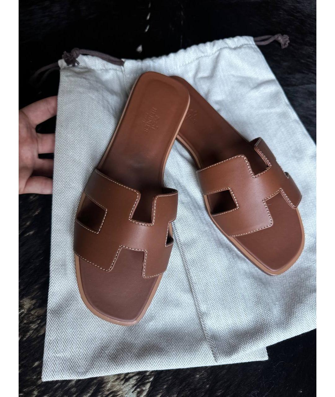 HERMES Коричневые кожаные шлепанцы, фото 4